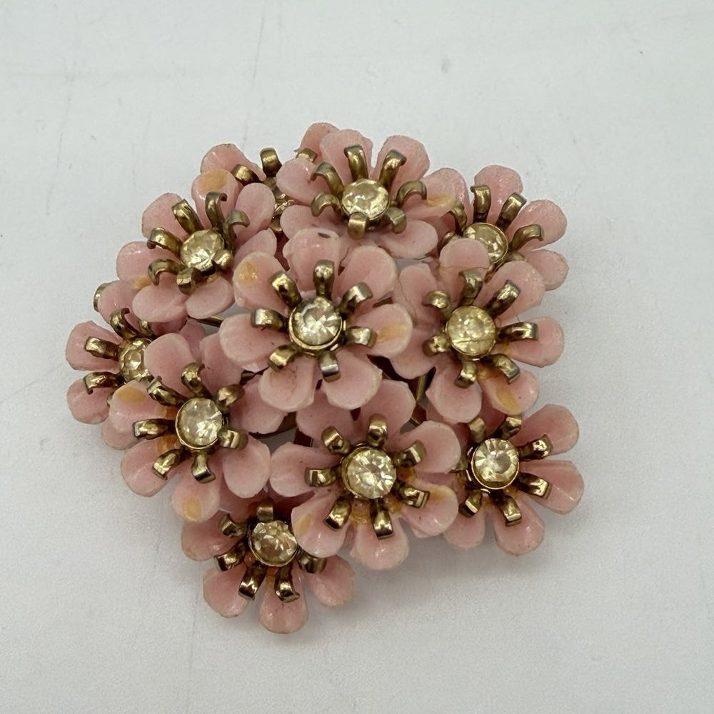 Vintage Pink Plastic Flower Cluster Floral Pin Brooch Clear Rhinestones Dome